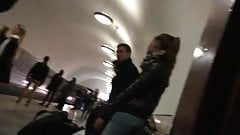 Public cumshot on girls leather jacket