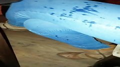 Secret handjob under table in public restaurant…