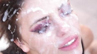 Two sluts gag on dicks and play with lots of cum