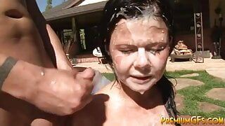 Cock riding bukkake slut gets facials