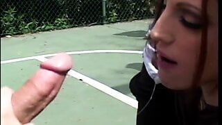 Hard bodied brunette beauty has an oral orgy outdoors